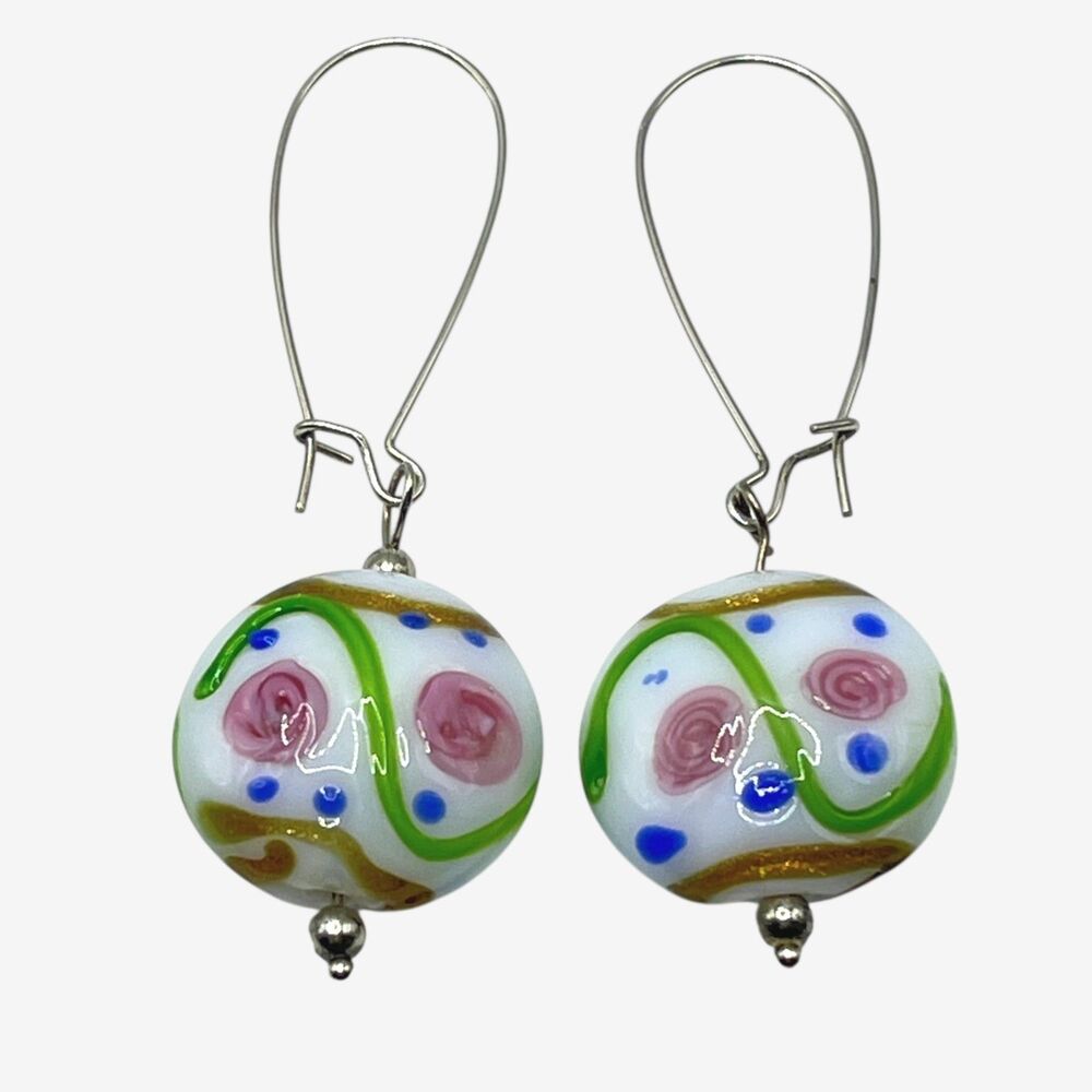 Lampwork Glass Earrings White Pink Flower Dangle Drop Round Handmade Artisan